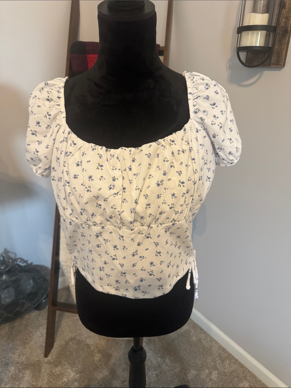 Hollister White Crop Top with Blue Floral Print